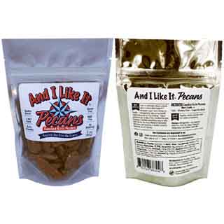 Two ounce bag of GMO, Maltitol & Gluten Free, Candied Keto Pecans. One net carb per serving.