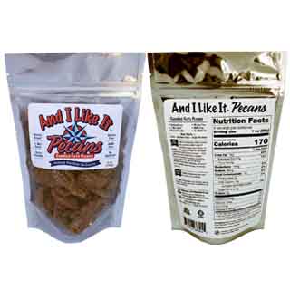 Five ounce bag of GMO, Maltitol & Gluten Free, Candied Keto Pecans. One net carb per serving.