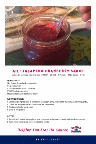 Recipe card for Keto, Gluten Free, low carb Jalapeno Cranberry Sauce