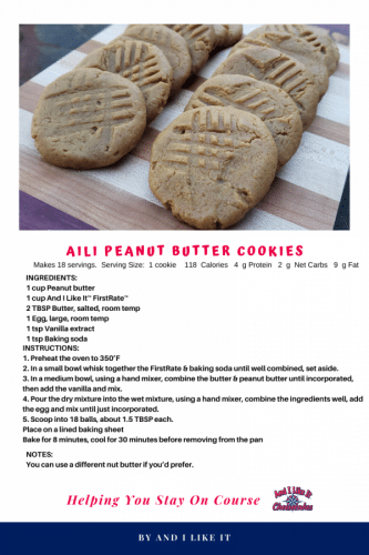 Recipe card for keto, gluten free, low carb peanut butter cookies
