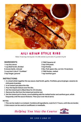 Recipe Card for Keto, Gluten Free, Low Carb Asian Style Ribs